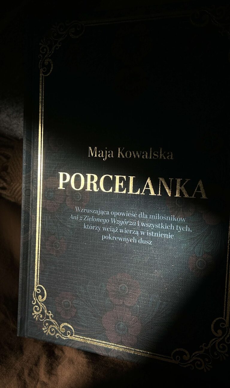 Zbliżenie na okładkę Porcelanki, materiał imitujący płótno i złocone tłoczenie